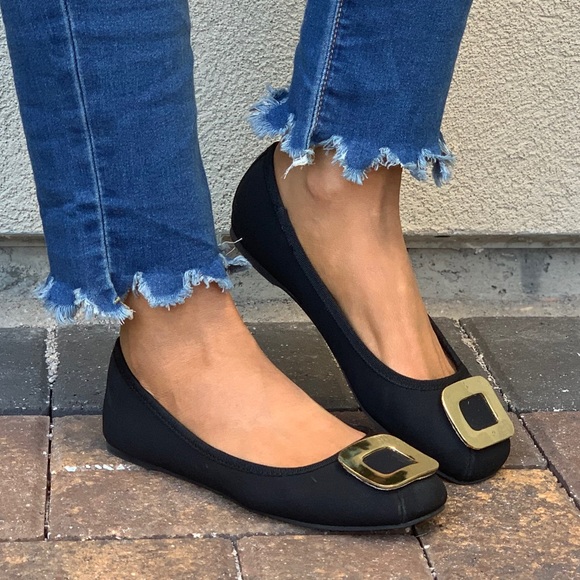 Black Oversized Buckle Slip On Classic Ballet Flat - Picture 1 of 8